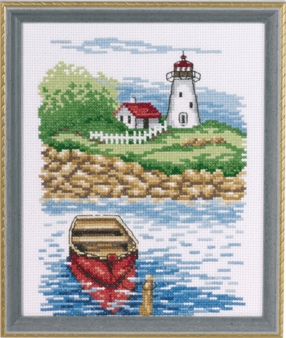 Lighthouse &amp; dinghy 17x21cm